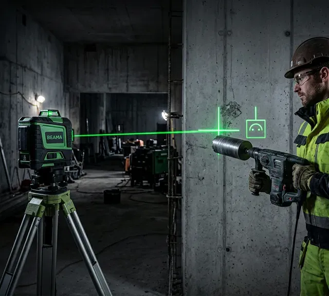 Raw construction site interior with glowing green laser line projecting a floor plan layout