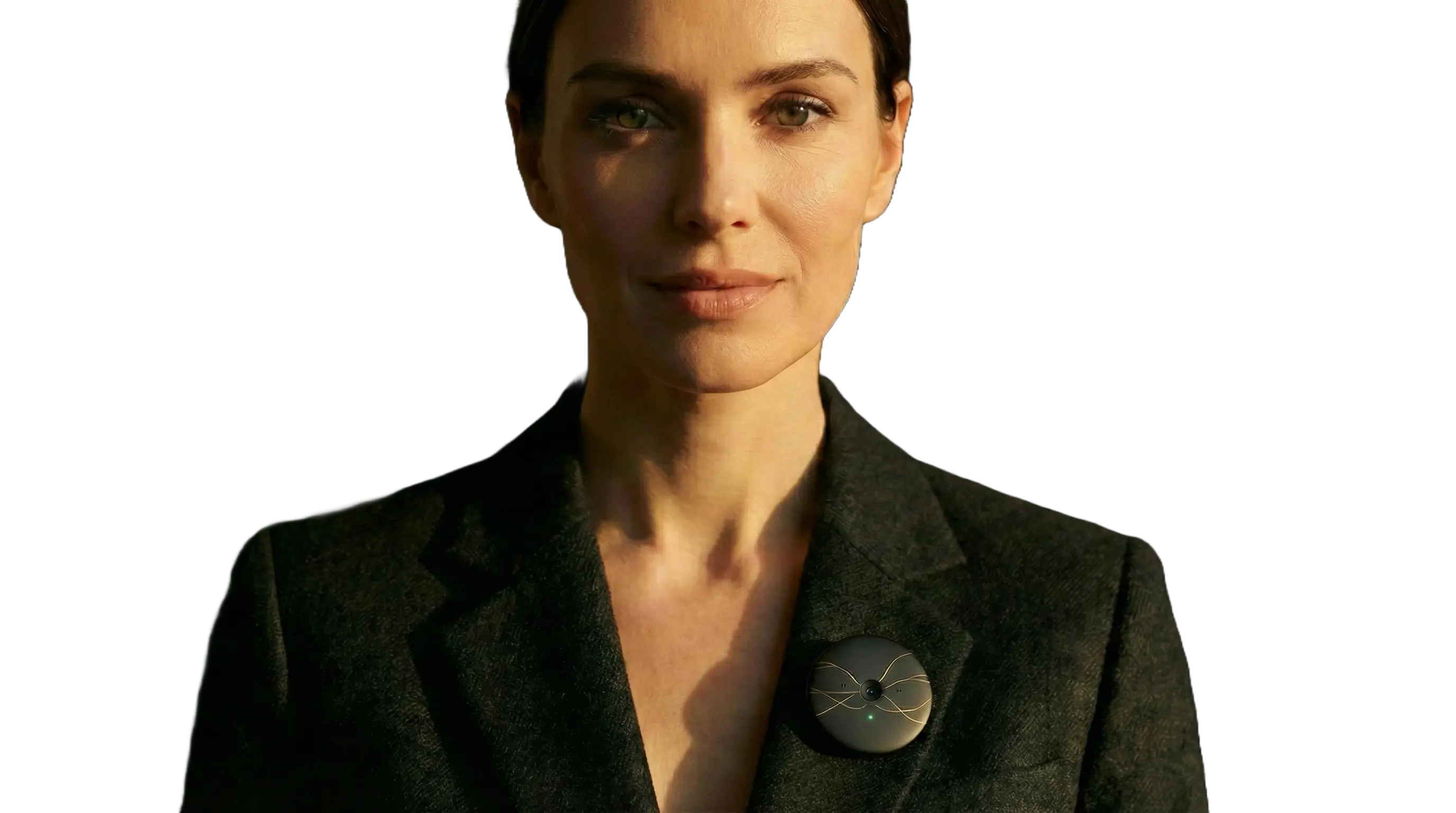 Woman wearing Companion wearable AI assistant in a warm, cinematic setting